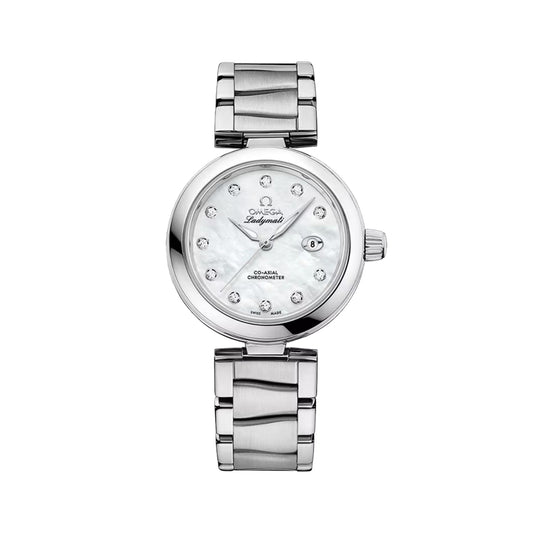 De Ville Ladymatic 34mm - Wit, Pêrelmoer met diamante op armband