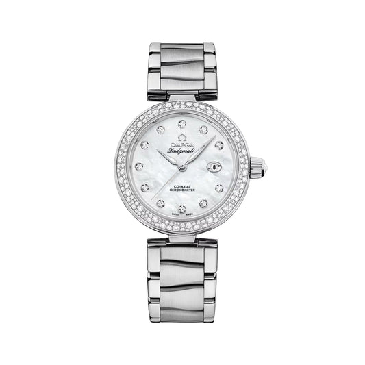 De Ville Ladymatic 34 mm - Wit, Pêrelmoer met diamante en diamantrand op armband