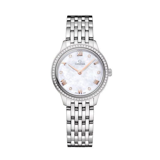 De Ville Prestige Diamonds Quartz 27.5mm - Wit, Pêrelmoer op armband