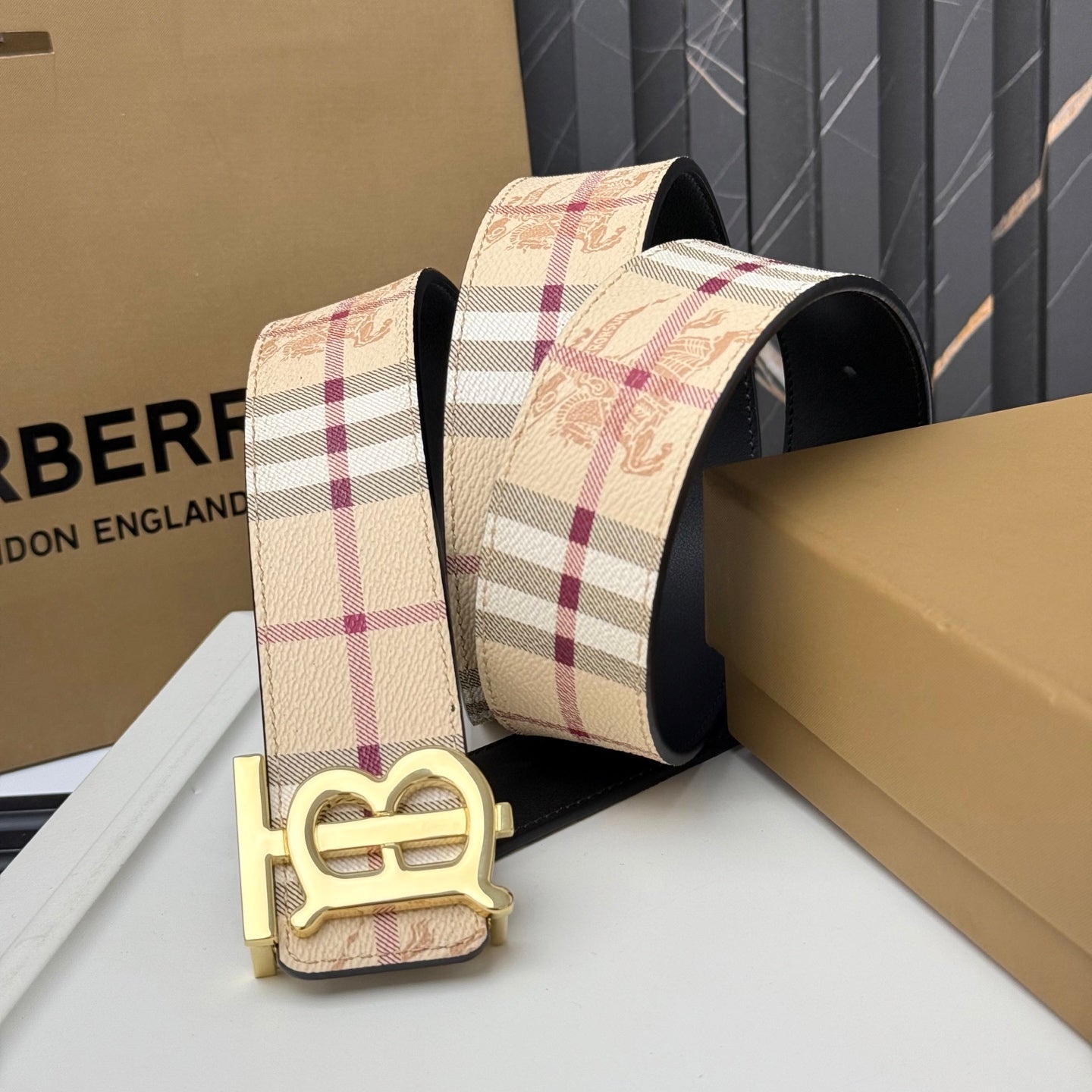 Ceinture Cuir Homme TB Monogramme Boucle/Motif Carreaux